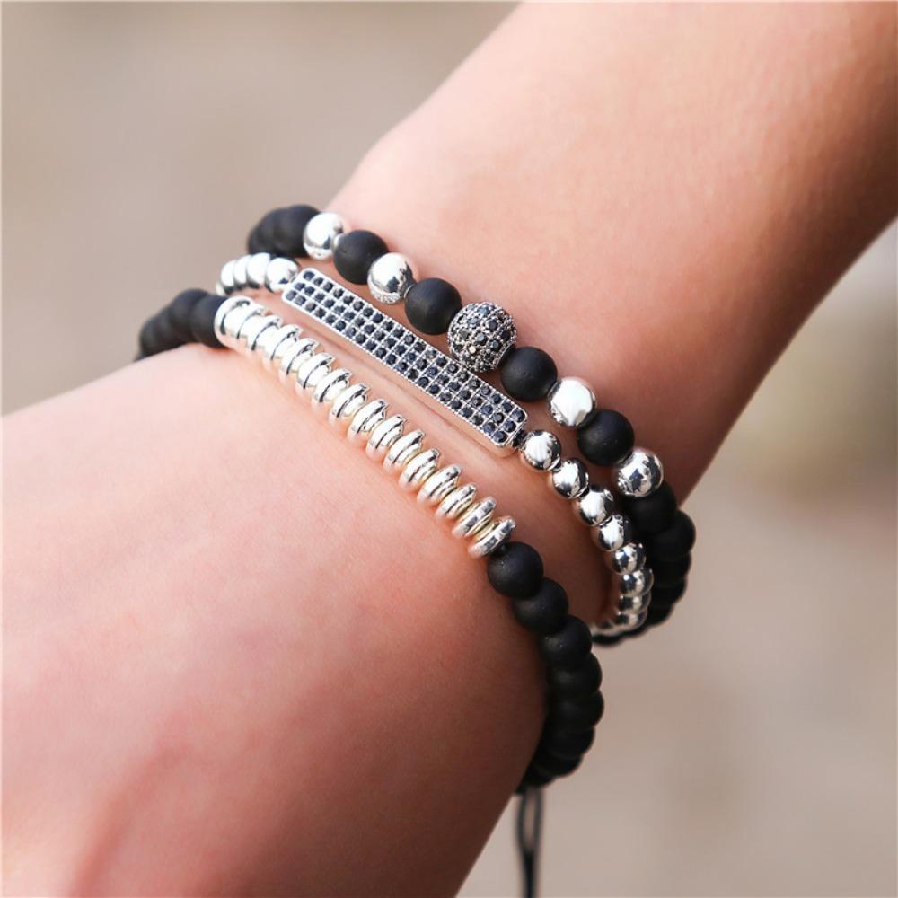 Black Matte Copper Inlaid Zirconium Diamond Ball Flying Saucer Long Bracelet Bracelet Set Wholesale Men's Woven Bracelet
