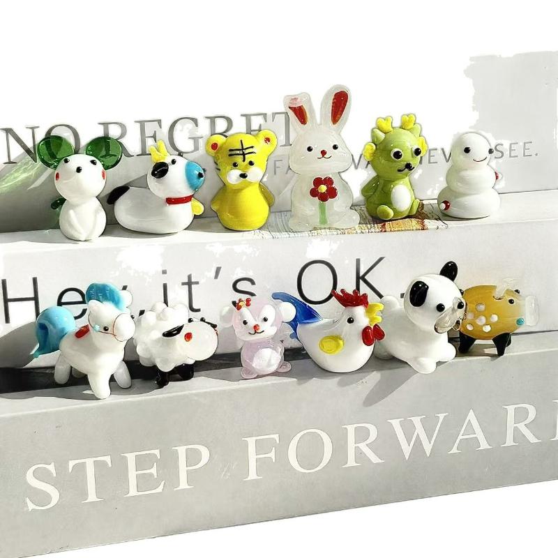 1Pcs Cute Glass Miniatures Zodiac Figurines Cartoon Animal Micro Landscape Ornaments Handmade Desktop Decoration Accessories