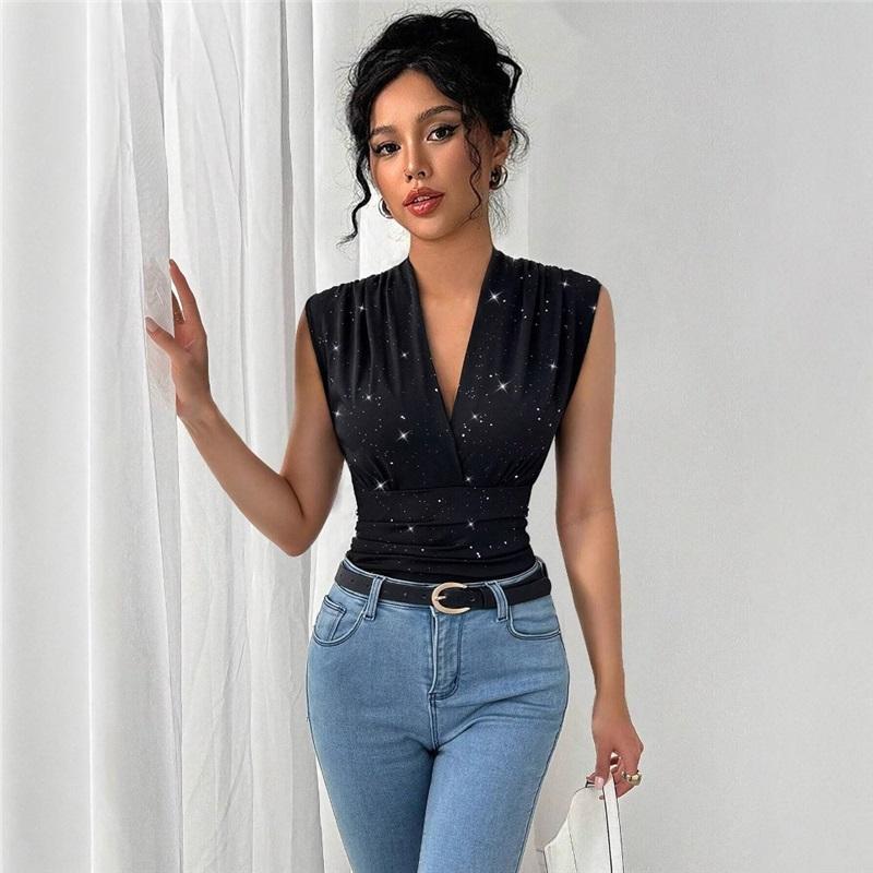 Blusa Elegante de Lentejuelas Brillantes sin Mangas con Cuello en V para Mujer para Fiestas Eventos Ropa Casual Atuendo de Temporada Elegante y Cómodo para Mujeres