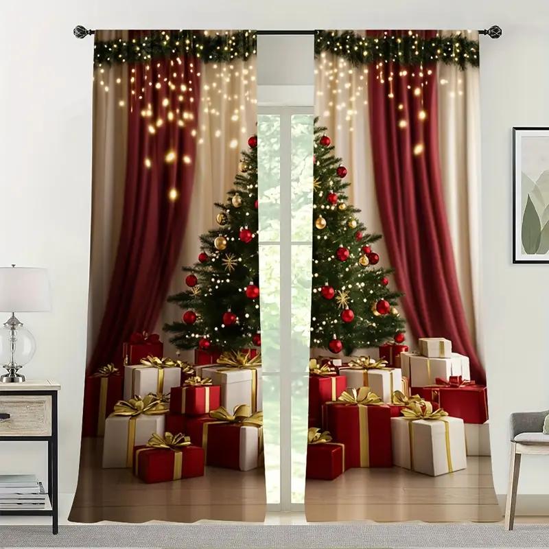 2pcs Christmas tree gift curtains   pole pocket design   privacy protection   suitable for decorating various scenes