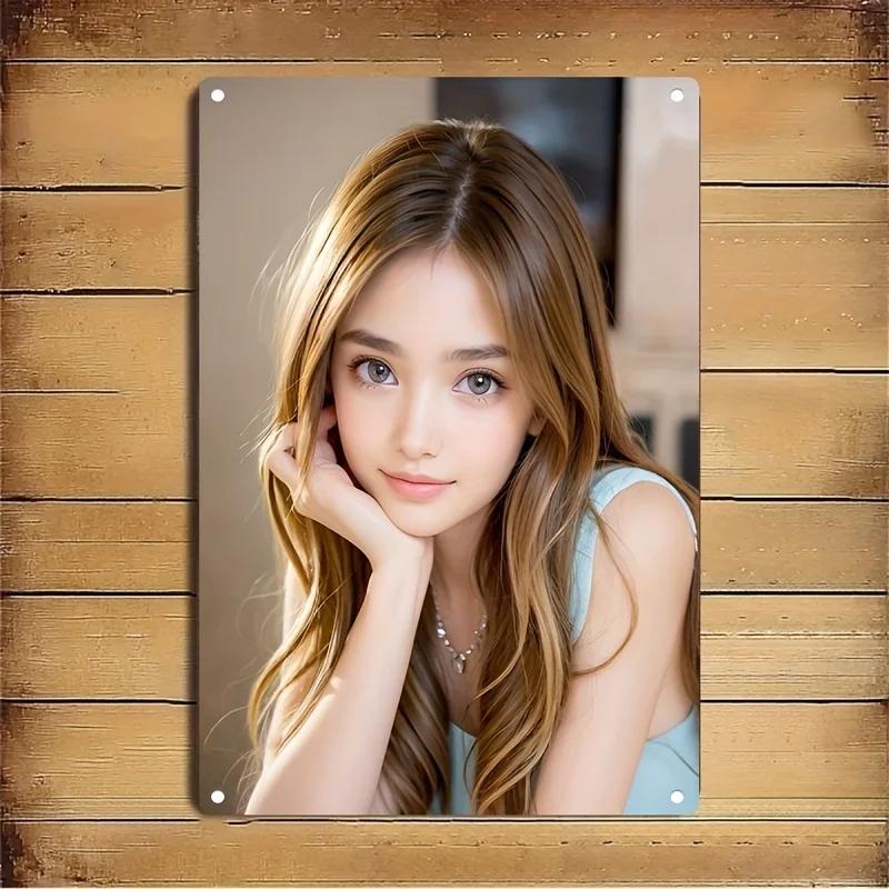 

Cute Young Woman in Light Blue Sleeveless Top Metal Tin Sign Vintage Style Portrait Wall Art Decor Waterproof Rustproof Metal 20x30cm（7.8x11.8inch）