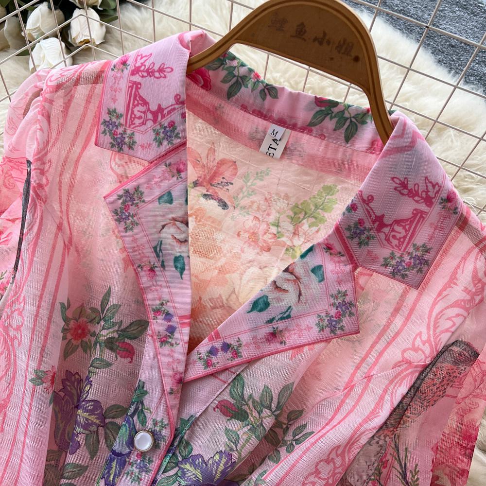 Vintage Women Single Breasted Gorgeous Flower Print Shirt Dress New Autumn Notched Collar Linen Boho Holiday A Linen Mini Dress