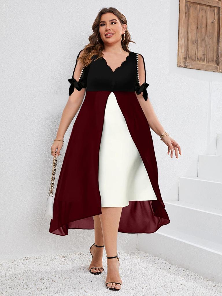 2025 Spring/Summer Women's Plus Size V-Neck Patchwork Short Sleeve Two-Piece Irregular Dress