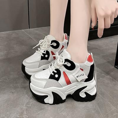 Women Walking Sneakers New Autumn Lace-up High Platform Chunky Shoes Breathable Leather Shoes 10.5CM Wedge Heels Casual Shoes