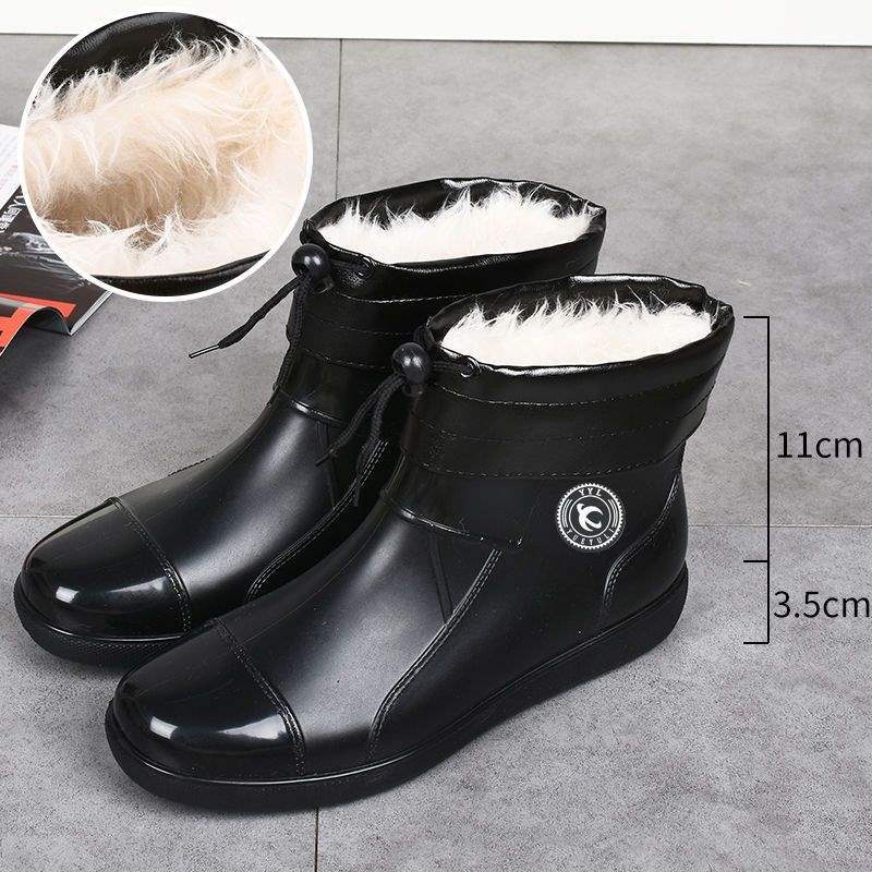 Rain shoes men's short tube winter velvet warm large size waterproof rain boots kitchen non-slip and wear-resistant work rubber shoes overshoes
