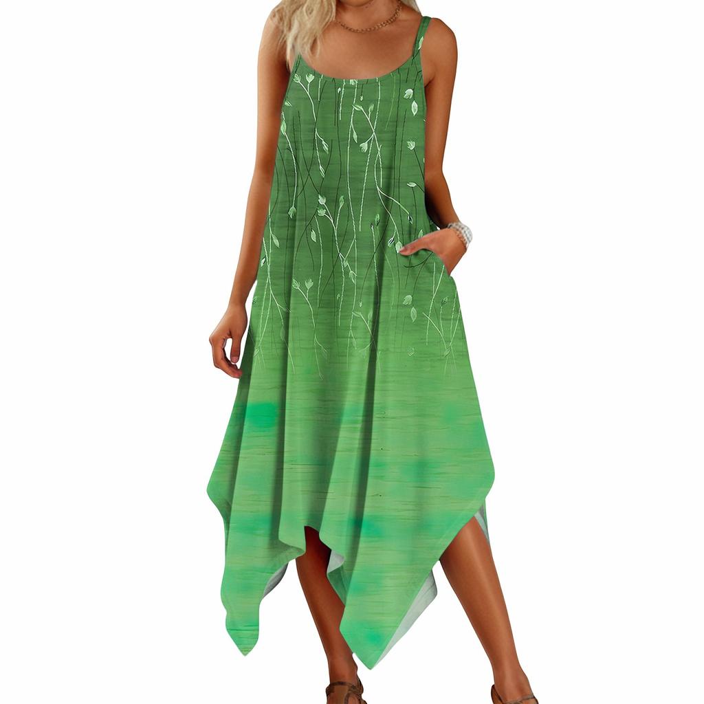 Women's Summer Casual Print Round Neck Adjustable Suspender Dress With Pockets