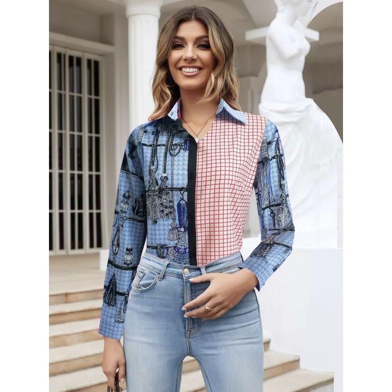 Fashion Spring & Fall New Lapel Work Clothing Ol Fashion Single-Breasted Straight-leg Gingham Geometric Print Long Sleeve Shirt Top