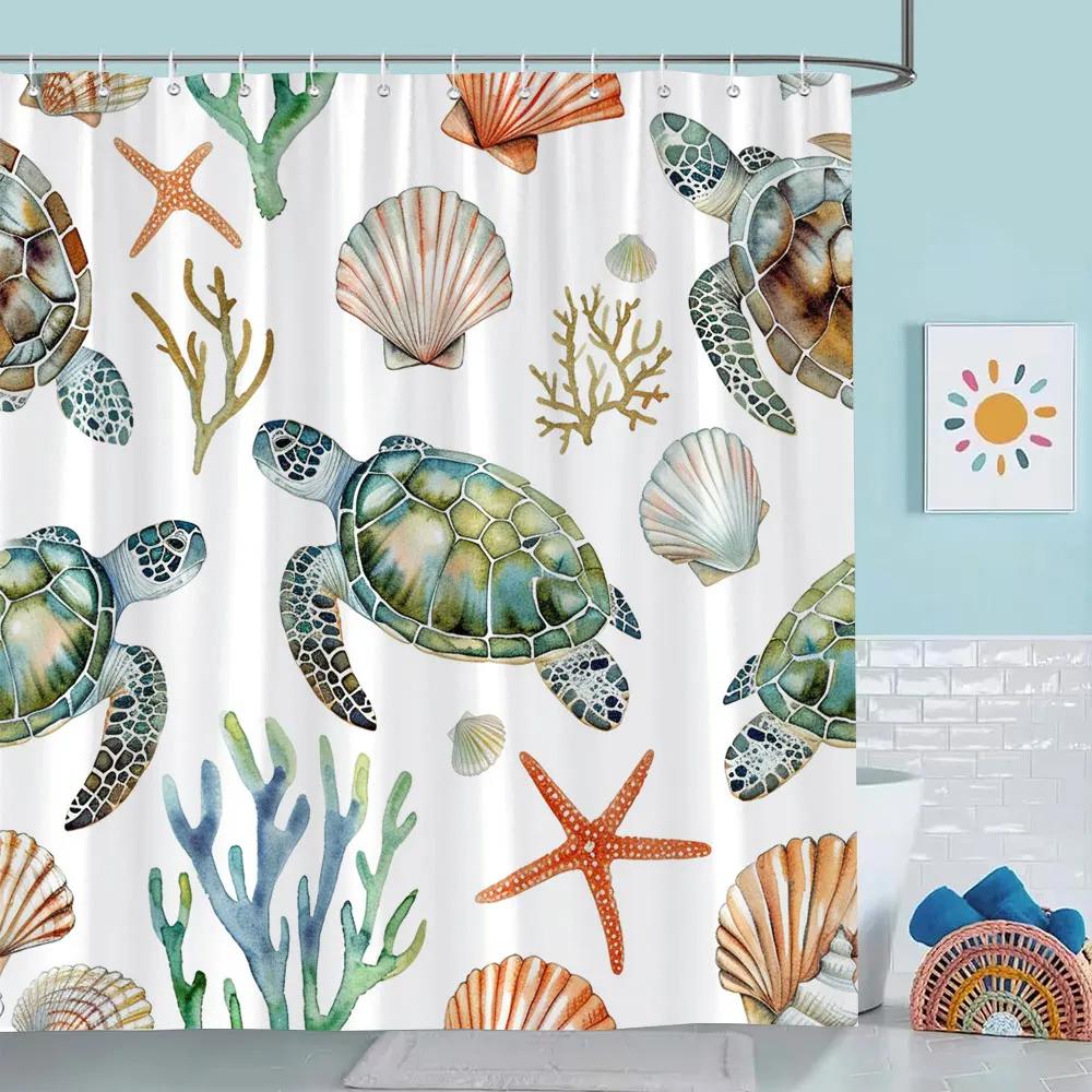 Ocean Cartoon Animal Shower Curtain Pirate Hat Dolphin Sailing Starfish Nautical Polyester Kids Shower Curtains Bathroom Decor