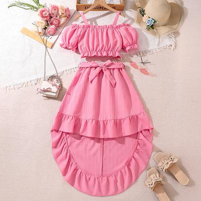 Girls' Fashion Set Summer Children's One-line Shoulder Short-sleeved Top Ruffled Skirt Set
