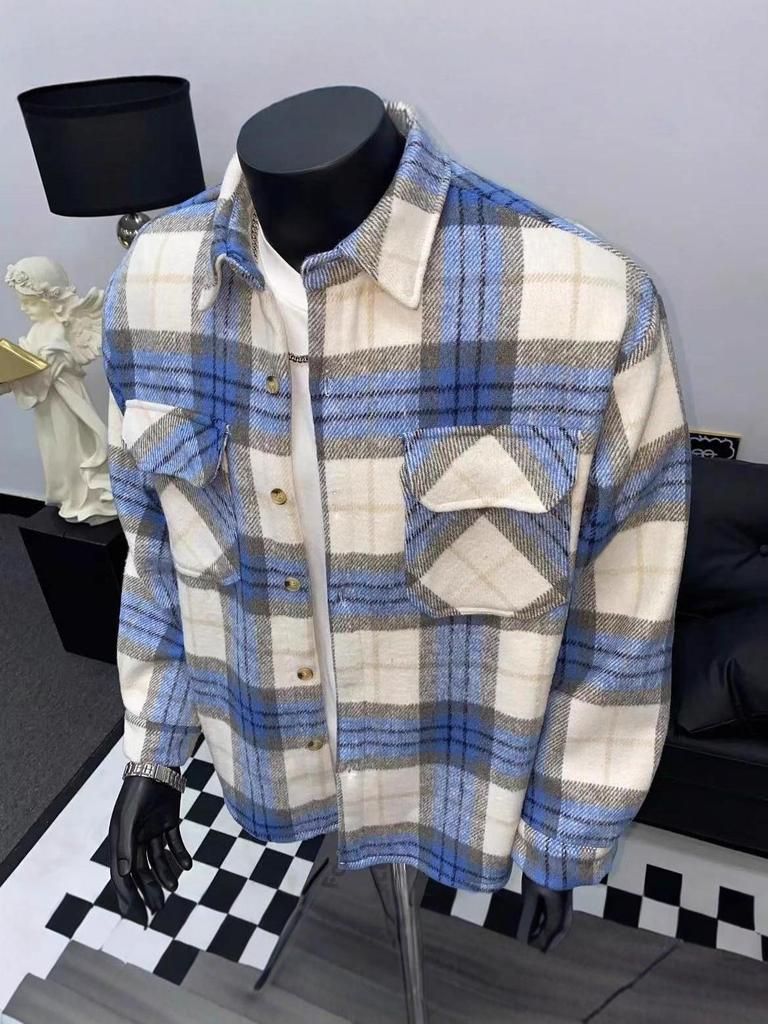 Men's Thickened Plaid Shirt Jacket with Lapel and Pockets - Autumn/Winter