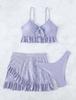 European and American Women's Fashion Solid Bikini Set 3 Pieces Swimwear Set Padded Ruffled Knot Top Briefs Ruffled Skirt Swimsuit Modest Bathing Suit
