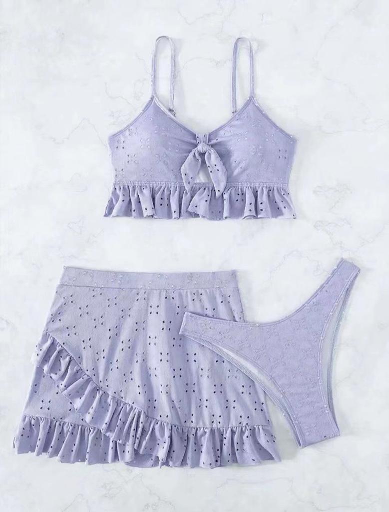 European and American Women's Fashion Solid Bikini Set 3 Pieces Swimwear Set Padded Ruffled Knot Top Briefs Ruffled Skirt Swimsuit Modest Bathing Suit