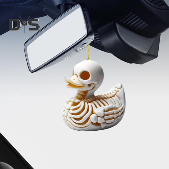 Skeleton Duck Car Mirror Hanging Ornament Cute Cat Charm Keychain Pendant Acrylic Rearview Mirror Accessories for Women Girls Halloween Decoration