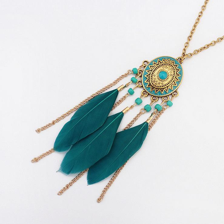 Wind Bohemian Painted Glazed Feather Fringed Earrings Fashion Temperament Women's Earrings Long Necklace Accessories