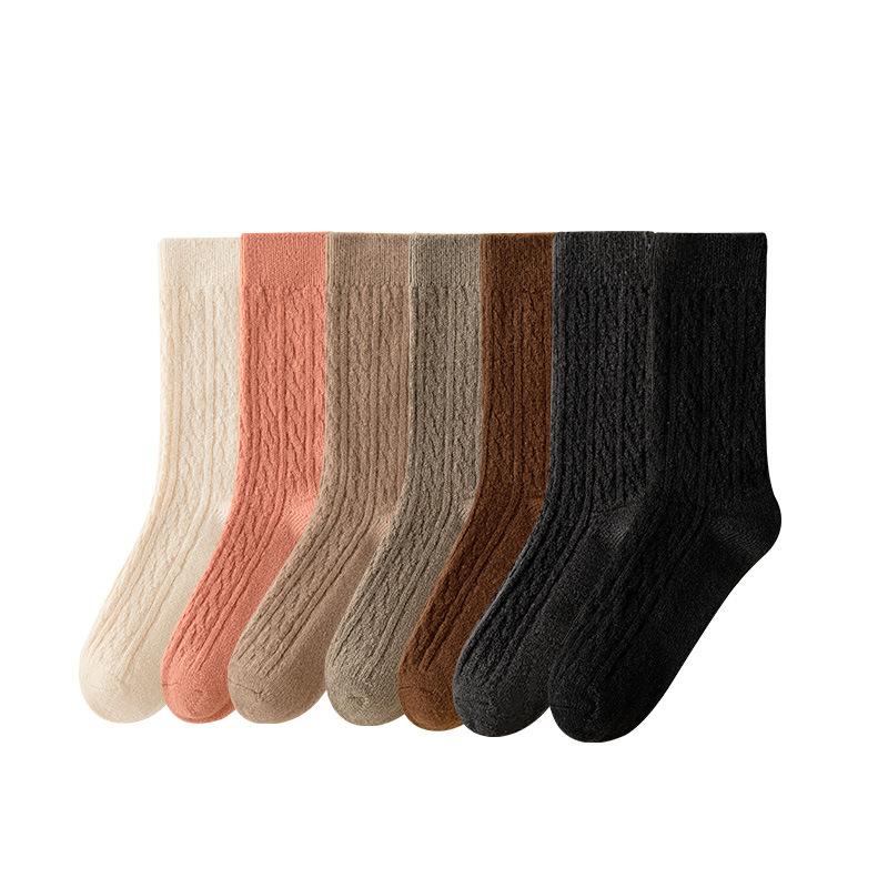 4 Pairs Autumn and Winter Socks, Women's Mid-calf Socks, Wool Imitation, Fleece, Thickened, Warm Solid Color, Retro Pile Socks, Postpartum Socks