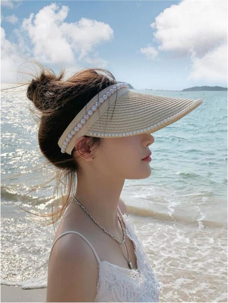 Straw Sun UV Wide Actress Hat [Lhyxuuk] Women's Visor, Protection, Brim, UPF50+, Cute, Elegant, Beaded, Face-Slimming Effect, (Beige)