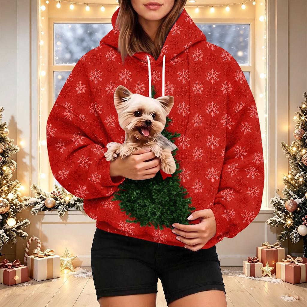 Damen Christmas Print Kapuzenpullover mit Haustier-Tasche Langarm Lässiger Pullover für die Feiertage