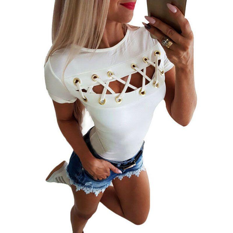 Elegant Sexy Ladies Women's Short Sleeve Cross Lace Up Bodycon Blouse Tops Slim T-shirt