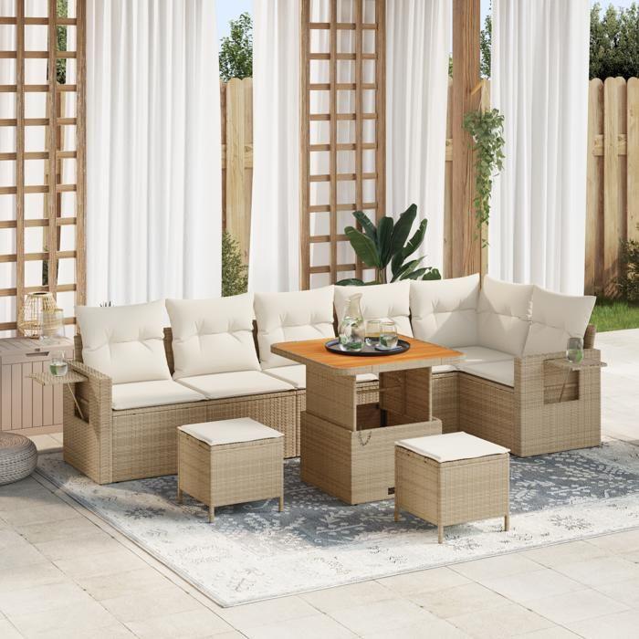 Set de 9 pièces de Sofa de Jardin avec Coussins Beige en Poly Rotin Acacia, Set 3 pièces de Salle à Manger de Jardin 3361761