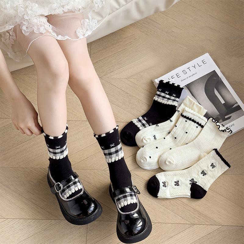 5Pairs/Set Korean Bow Baby Girl Socks Sweet Plaid Dot Print Toddler Princess Socks Summer Thin Breathable Kids Middle Tube Socks