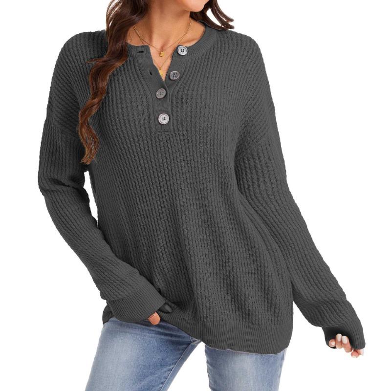 Womens Casual Solid Color Henley Neck Waffle Knit Long Sleeve Sweater S