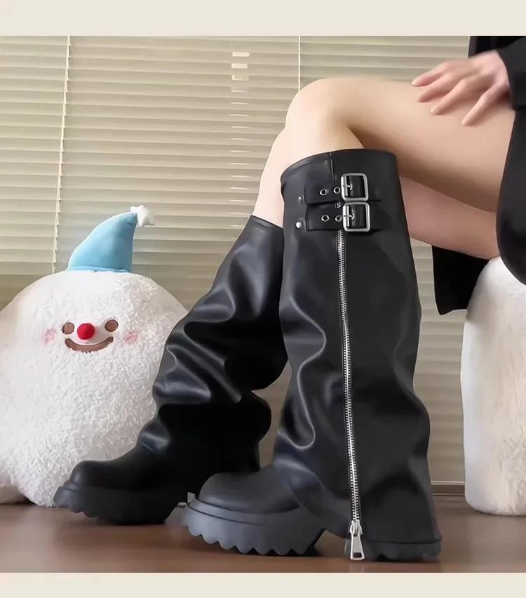 Fashion Women's Western Style High Tube Boots Thick Bottom Heightening Big Head Stackable Ankle Boots Round Toe Rubber Outsole