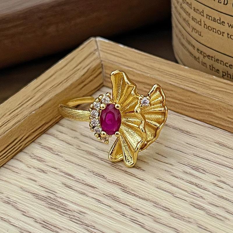 French Medieval Retro Brushed Four-Leaf Clover Open Ring Niche High-End Diamond-Encrusted Zircon Flower Index Finger Ring Female