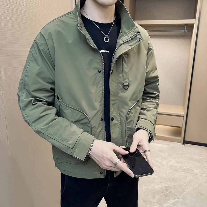 Internet celebrity new men's coat spring and autumn ruffian handsome stand-up collar tooling jacket handsome versatile 2025 sense top
