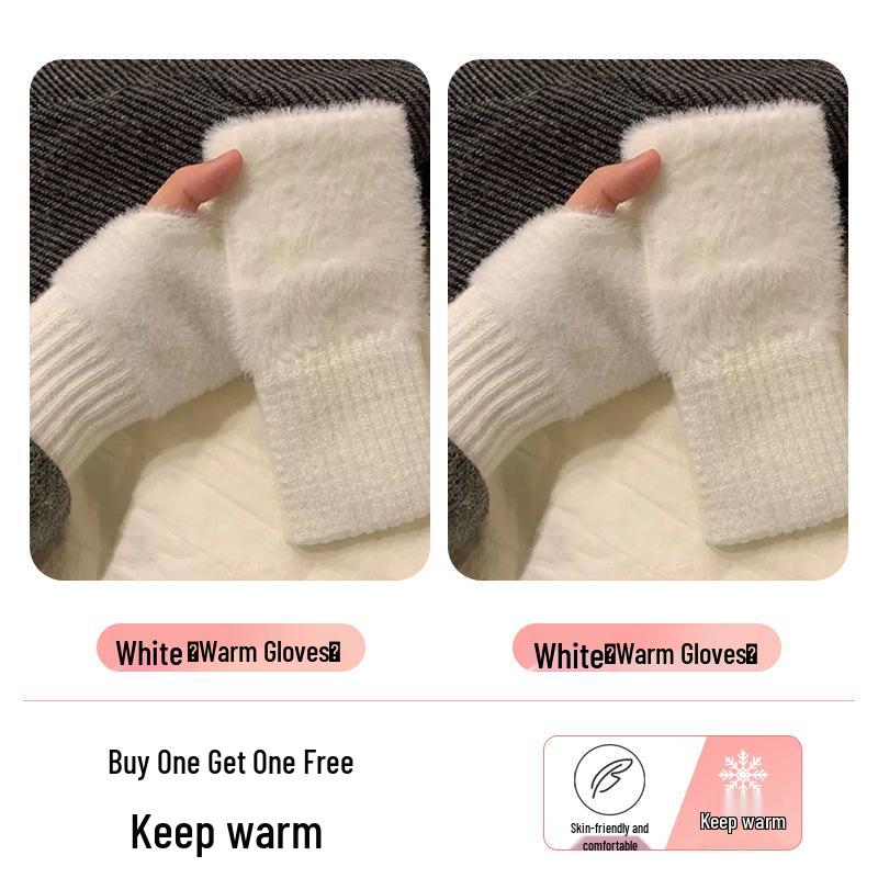 Women's Fleece-Lined Half-Finger Gloves: Cute, Thick Plush for Autumn & Winter; Ideal for Cycling & Cold Protection