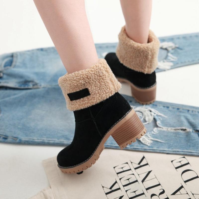 Damenstiefel Damen Winterschuhe Fell Schneestiefel Warm Plüsch Damen Schuhe Eckiger Hoher Absatz Stiefeletten Schwarz Botas De Mujer