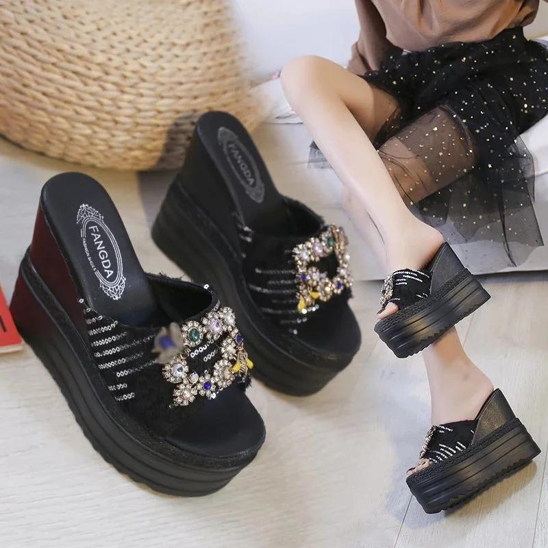 Maogu Beach Slides Sandals Woman Summer 2024 Women's Flip Flops Crystal Platform Wedge Slippers Women Ladies Shoes High Heels 39