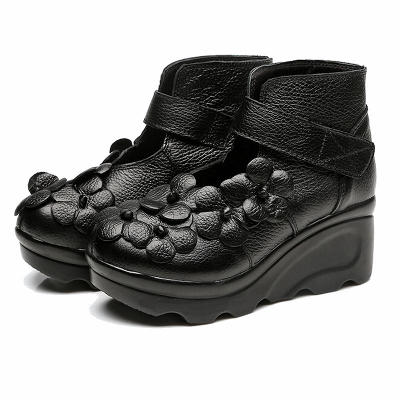 Mode 2025 Handgefertigte Blume Damenstiefel Runde Zehen Echtes Leder Stiefeletten Keilschuhe Vintage Stiefel