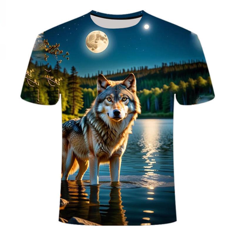 2024 Summer New 3D Printed Short Sleeve High Cold Fierce Lonely Wolf Series Men's and Women's Round Neck T-shirt