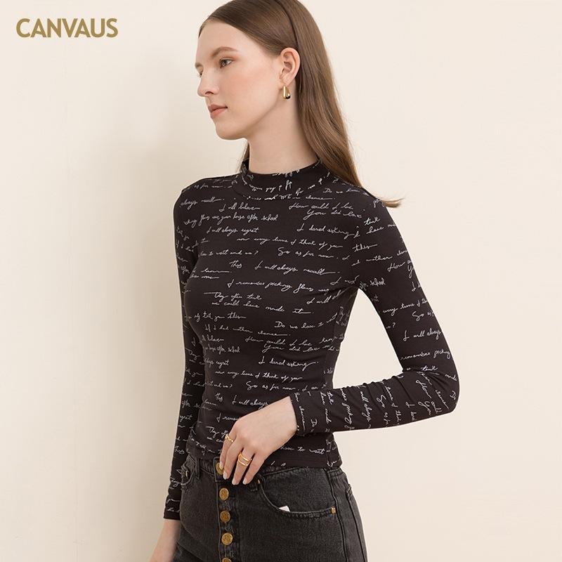 CANVAUS Women's Threaded Letters Long Sleeve Ladies Tops High Collar Slim Fashion Base shirt