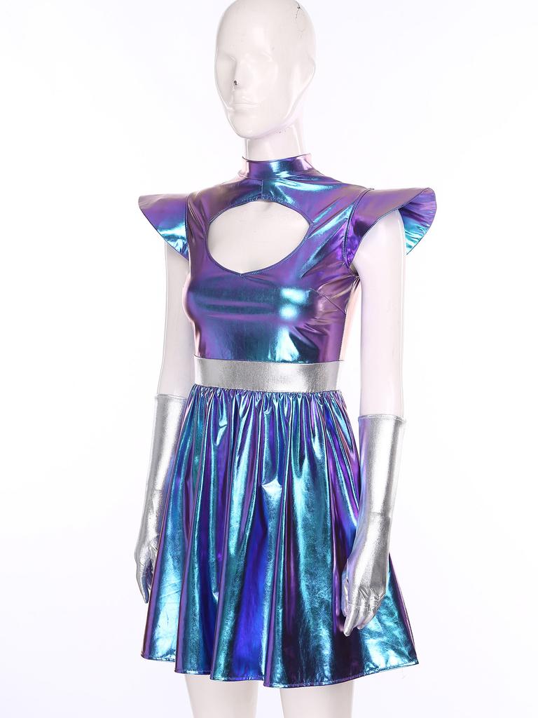 S-3XL Dames Buitenaards Cosplay Kostuum Metaalachtig Glanzende Jurk, Uitgesneden Hals & Gestructureerde Schouderstukken met Handschoenen voor Ruimte Themafeest