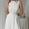Women's Sleeveless Waistband Pearl Button Slimming Slit Work Dress