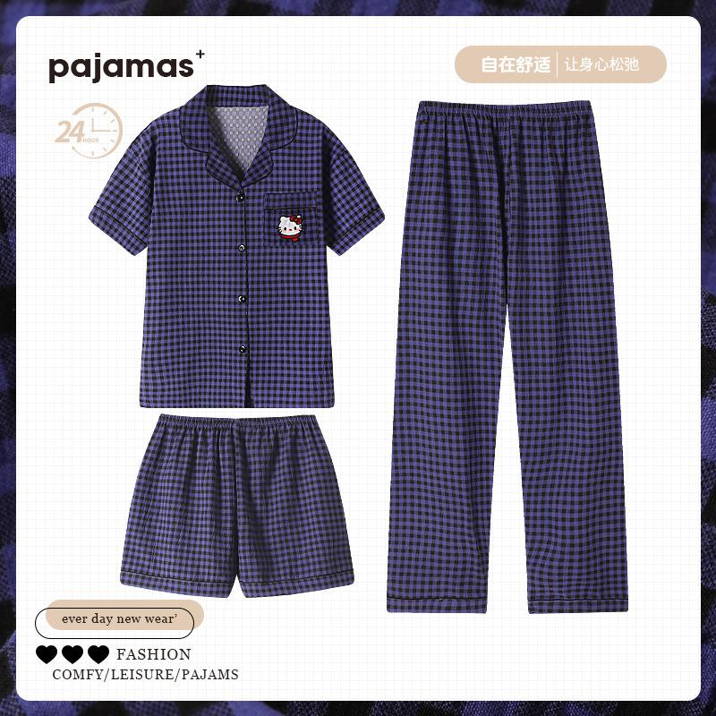 

Весенне-летняя пижама женская простая клетчатая из облачного хлопка, домашняя одежда, комплект из трех предметов с коротким рукавом 2XL