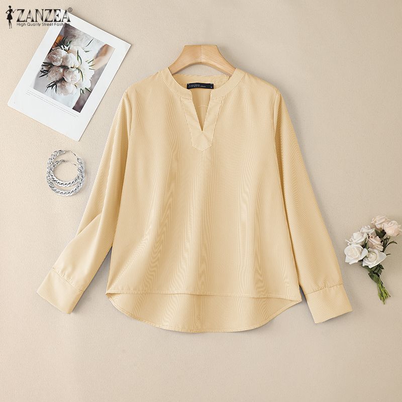 ZANZEA Camicetta casual da donna a righe con scollo a V larga a maniche lunghe