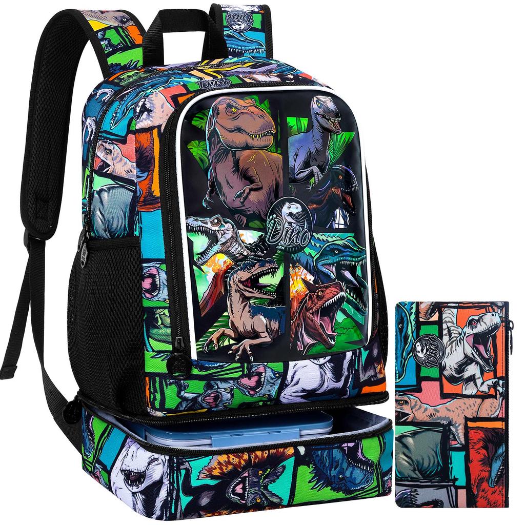 2 In 1 Dinosaur Backpack for Boys, 17" Kids Bookbag with Insulated Lunch Box, School Backpacks for Elementary Preschool