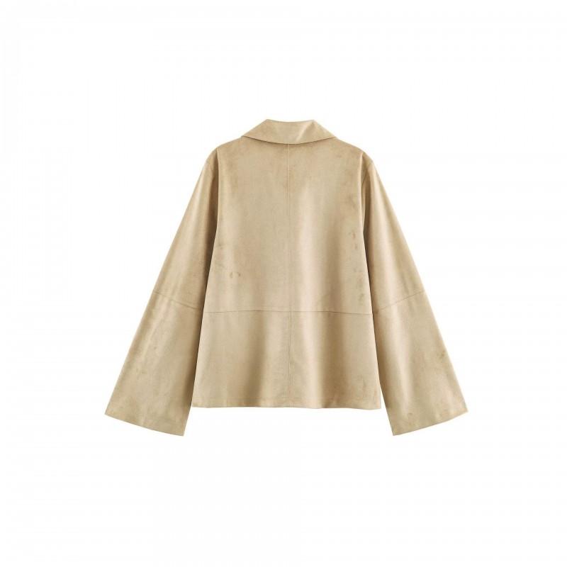 ZA Womens Faux Suede Polo Neck Long Sleeve Shirt Casual Solid Color Top