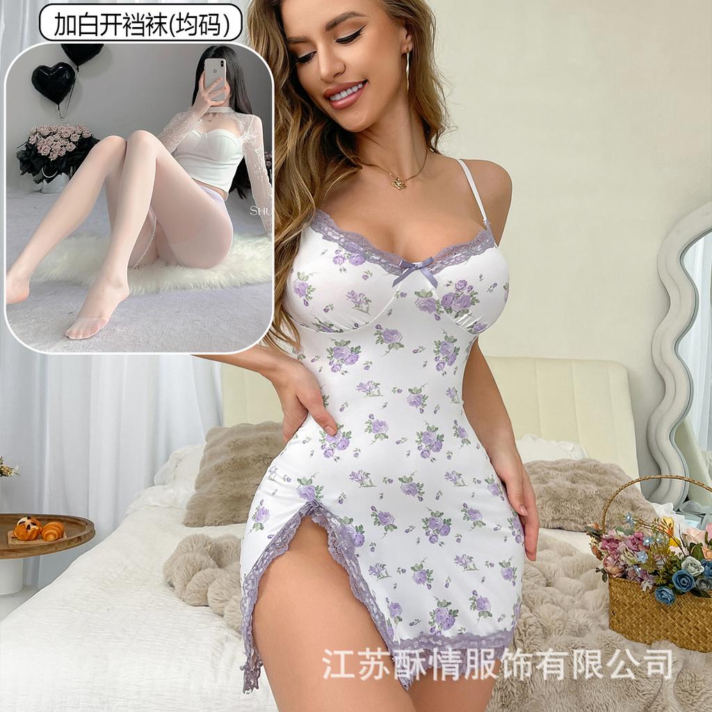 Crispy lingerie small floral splicing lace sexy low-cut European and American style casual split hip skirt nightdress
