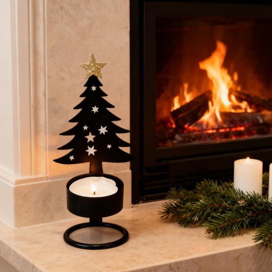 Metal Christmas Tree Candlestick Small Tree Shaped Candle Holder Holiday Tabletop Centerpiece for Home Shelf Fireplace Decor