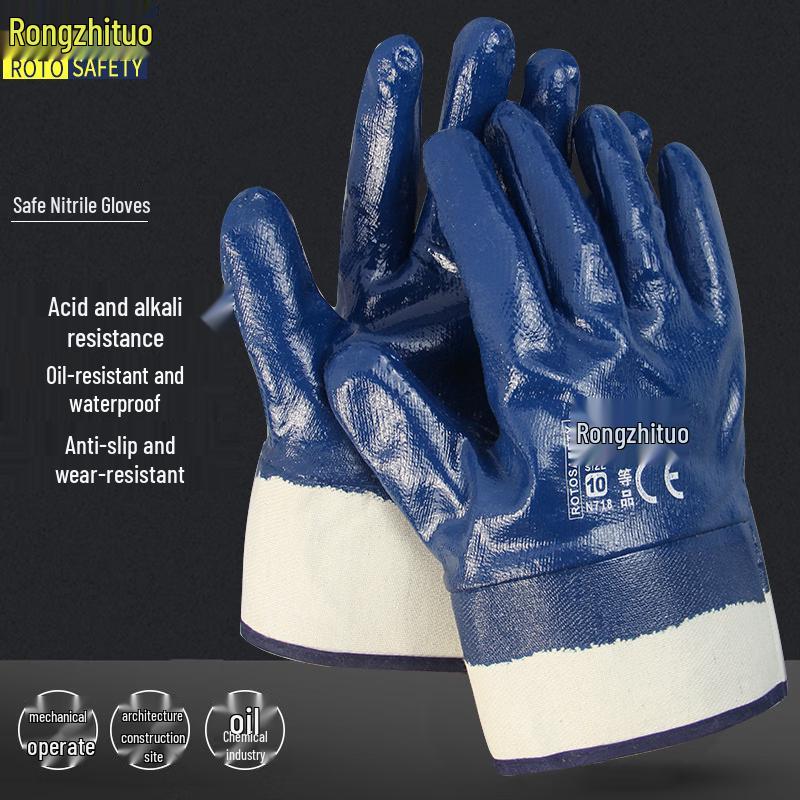 Rongzhituo Heavy-Duty Blue Nitrile Work Gloves
