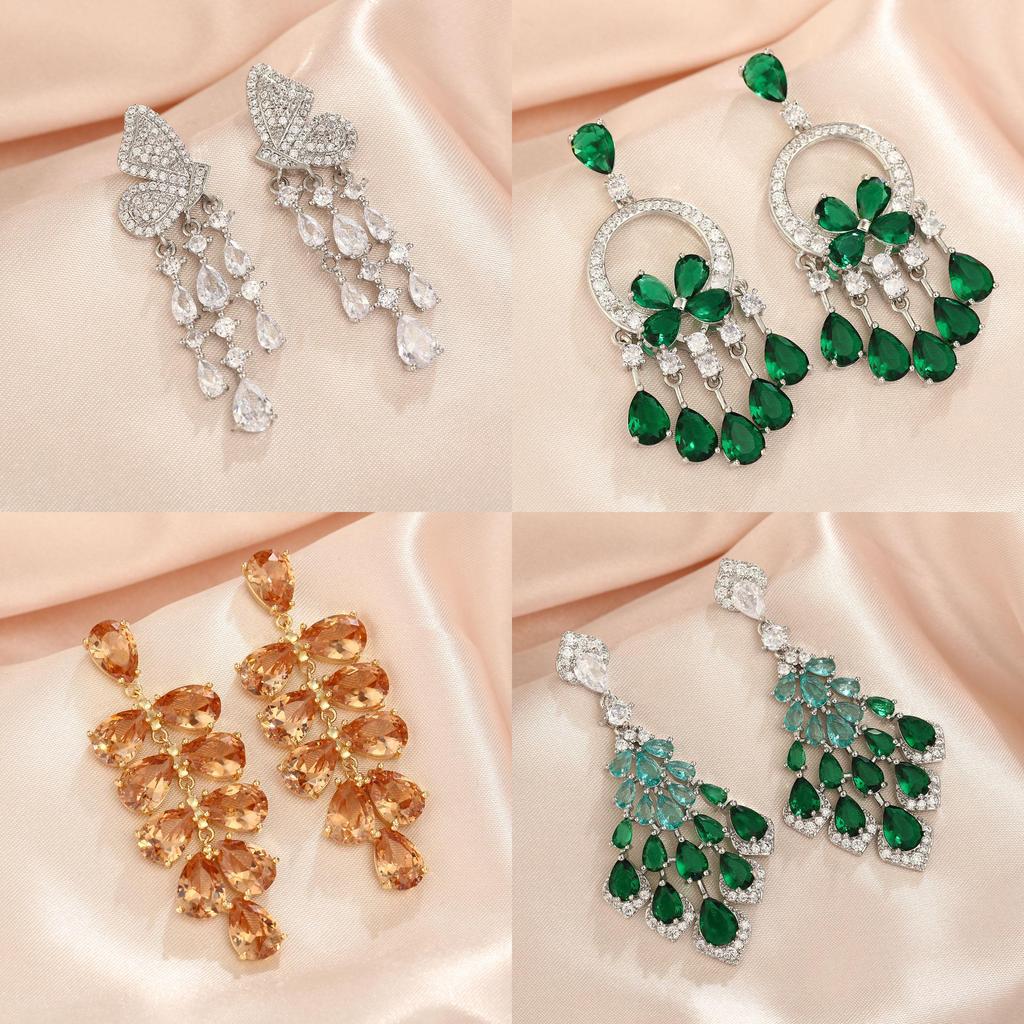Floral Green Crystal Drop Earrings For Wedding And Party Wear