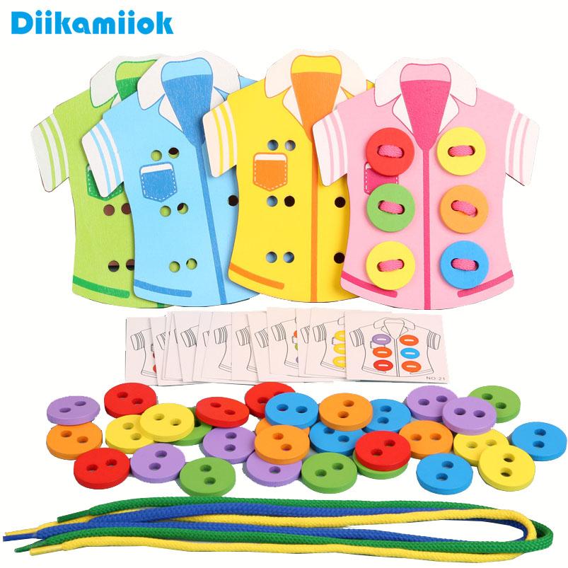 4pcs/set Wooden Clothes Wearing Rope Handmade Threading Game Montessori Educational Toys Kids Hand-eye Coordination Training