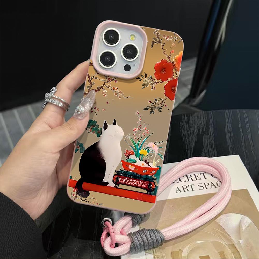 

Китайский цветочный кот Винтажный чехол для iPhone 16 15 17 14 13 12 11 Pro Max Plus 17 Air X Мягкая крышка с личи-текстурой Чехол-ремешок iPhone 12 Pro Max