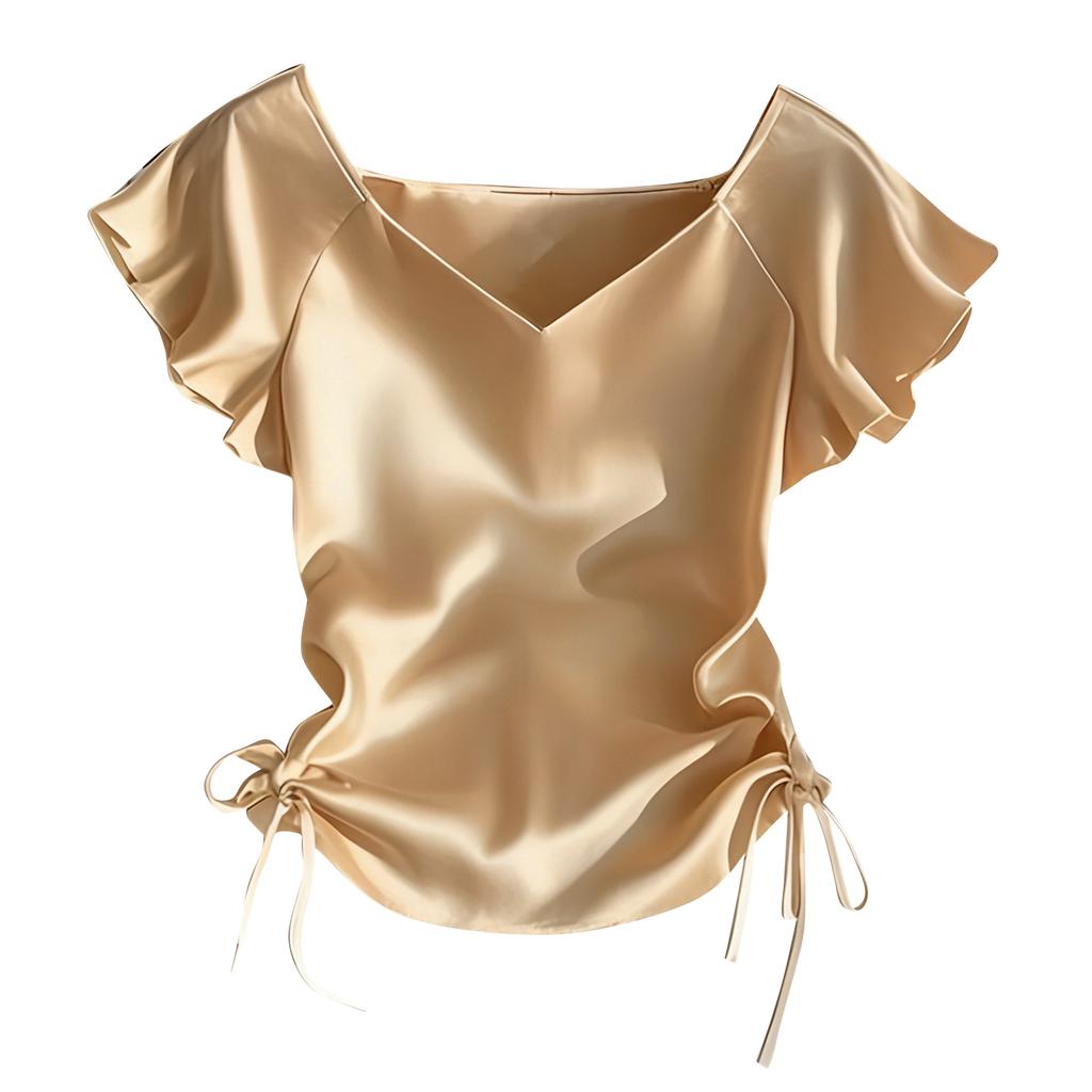 Kurzarmblusen für Damen V-Ausschnitt Satin Raffung Design Elegante Damen-Kurzarmblusen und Damen-Kurzarmtops für den täglichen Gebrauch
