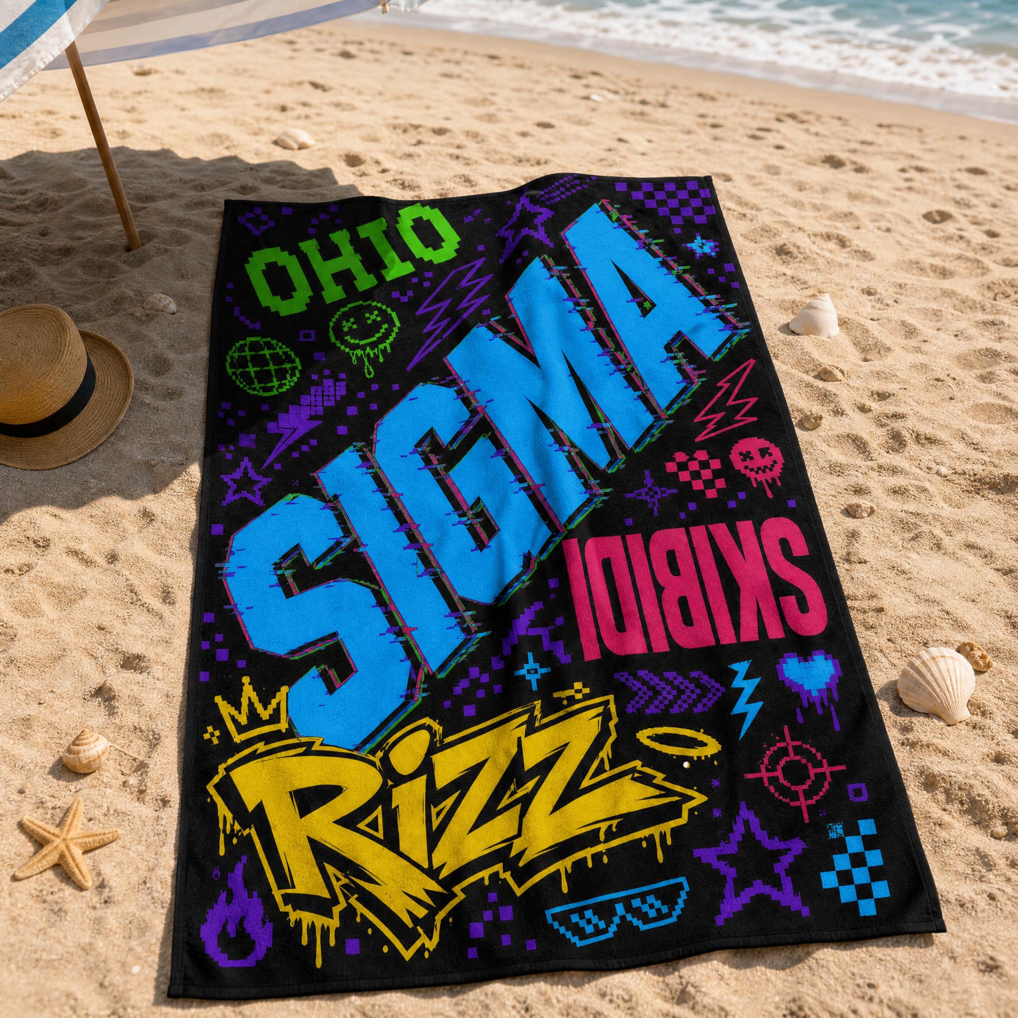 Пляжное полотенце с мемами Поколения Z, Микрофибровое полотенце Sigma Skibidi Ohio Rizz Неоновый граффити, Большое быстросохнущее полотенце для пляжа, бассейна, Te 60x100cm