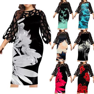 Women's Sexy Hip Cover Up Belly Splicing Printed Long Sleeve Plus Size Dress