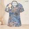 Women Plus Size White Floral Printed Scrub Top Keyhole Neck Short Sleeve With Front Pockets